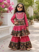 Little girl wearing a pink and navy blue printed tiered cotton kurti with mirror work on the yoke, paired with matching tiered sharara pants and a nazneen dupatta.
