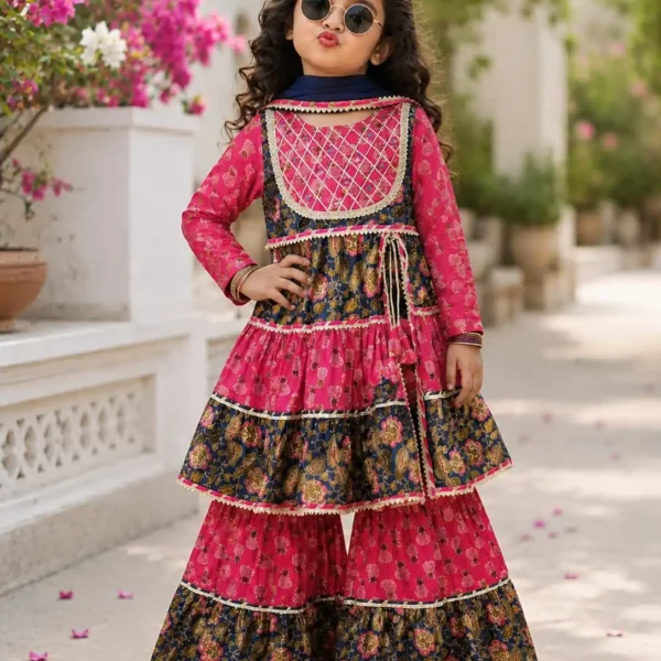 Little girl wearing a pink and navy blue printed tiered cotton kurti with mirror work on the yoke, paired with matching tiered sharara pants and a nazneen dupatta.