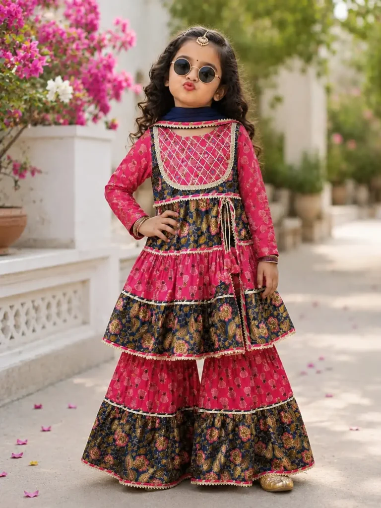 Little girl wearing a pink and navy blue printed tiered cotton kurti with mirror work on the yoke, paired with matching tiered sharara pants and a nazneen dupatta.