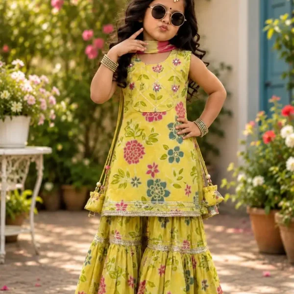 Little girl wearing a lemon yellow floral print cotton sleeveless kurti with mirror-style detailing and side tassels, paired with a matching tiered sharara and dupatta.