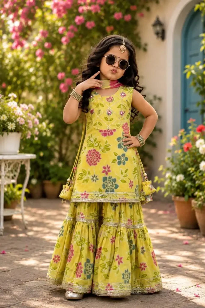 Little girl wearing a lemon yellow floral print cotton sleeveless kurti with mirror-style detailing and side tassels, paired with a matching tiered sharara and dupatta.