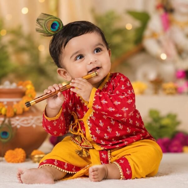 Festive Red & Yellow Baby Krishna Dress for Janmashtami | Traditional Kids Wear