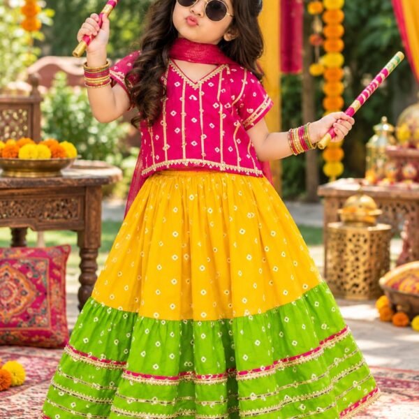 Pink and Multi-Color Bandhani Print Cotton Kurti with Layered Lehenga and Dupatta Set for Girls