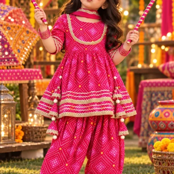 Vibrant Pink Bandhani Print Cotton Peplum Kurti with Sharara & Dupatta Set for Girls