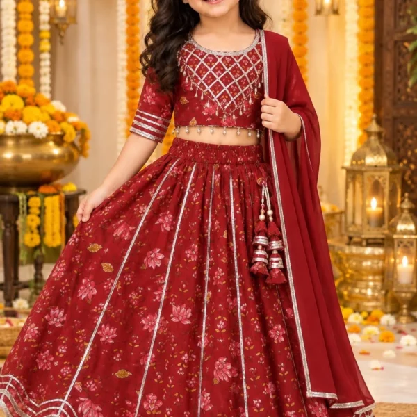 Maroon Floral Print Cotton Crop Top with Lehenga and Dupatta Set for Girls
