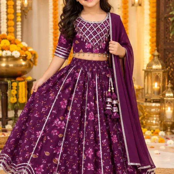 Purple Floral Print Cotton Crop Top with Lehenga and Dupatta Set for Girls