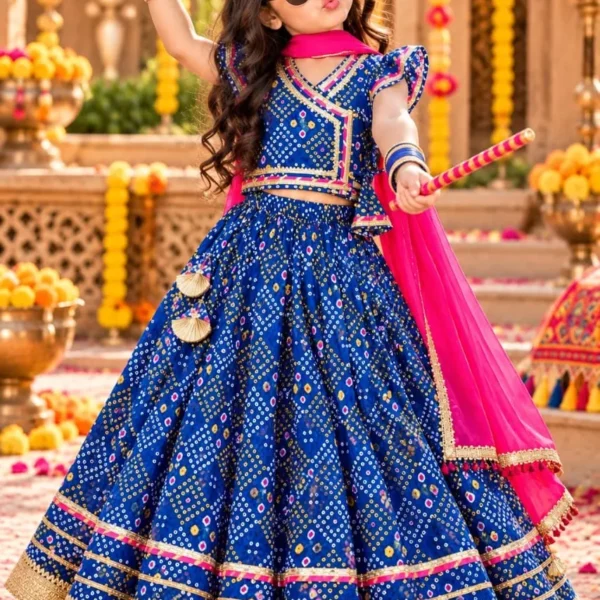 Blue Bandhani Print Cotton Crop Top with Lehenga and Dupatta Set for Girls