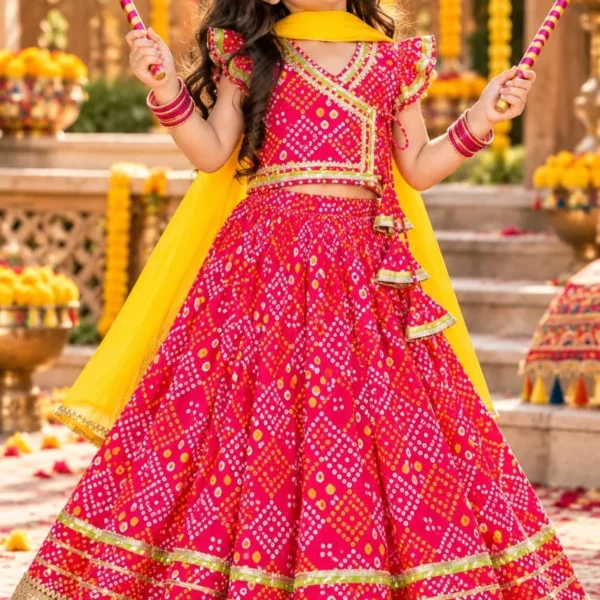 Pink Bandhani Print Cotton Crop Top with Lehenga and Dupatta Set for Girls