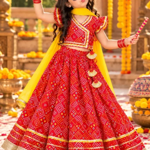 Red Bandhani Print Cotton Crop Top with Lehenga and Dupatta Set for Girls