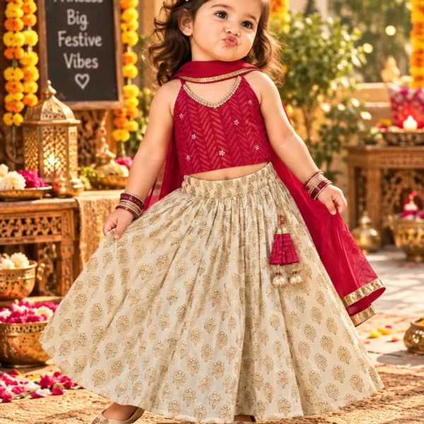 Maroon and Off-White Printed Cotton Crop Top with Lehenga and Dupatta Set for Girls