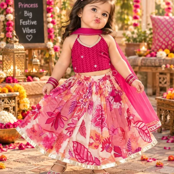 Pink and White Floral Print Cotton Crop Top with Lehenga and Dupatta Set for Girls