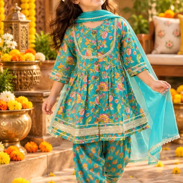 Teal Floral Print Cotton Peplum Kurti with Dhoti Pants and Dupatta Set for Girls