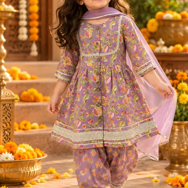 Purple Floral Print Cotton Peplum Kurti with Dhoti Pants and Dupatta Set for Girls