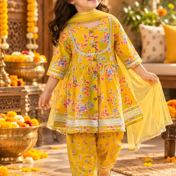 Yellow Floral Print Cotton Peplum Kurti with Dhoti Pants and Dupatta Set for Girls