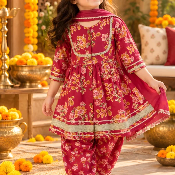 Maroon Floral Print Cotton Peplum Kurti with Dhoti Pants and Dupatta Set for Girls