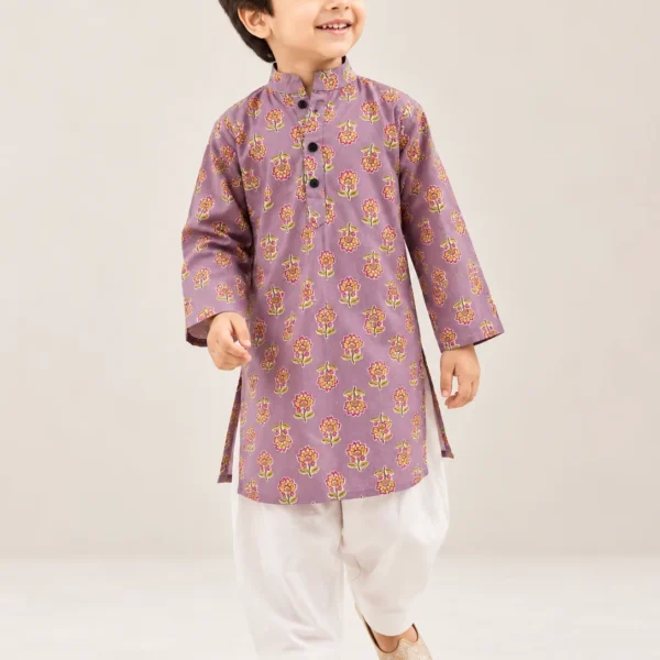 Purple Floral Print Cotton Kurta with White Dhoti Pants Set for Boys