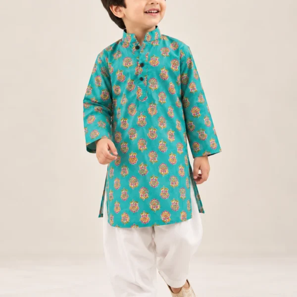 Teal Floral Print Cotton Kurta with White Dhoti Pants Set for Boys