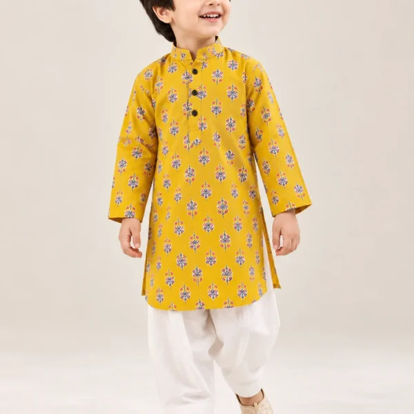 Yellow Floral Print Cotton Kurta with White Dhoti Pants Set for Boys
