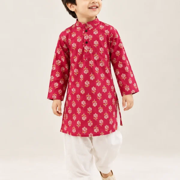 Red Floral Print Cotton Kurta with White Dhoti Pants Set for Boys